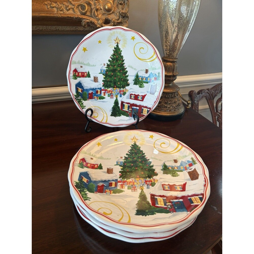 Crofton Porcelain Holiday Christmas Tree Village Scene 10" Plates 1990s Set of 4